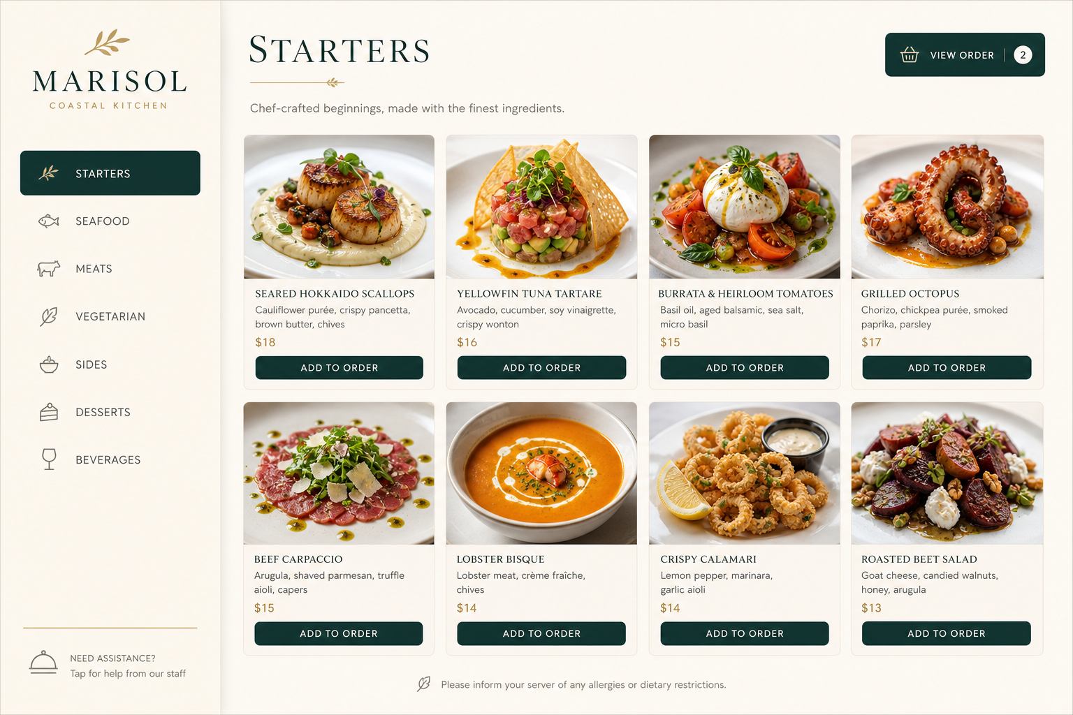 Restaurant OS Tablet Menu